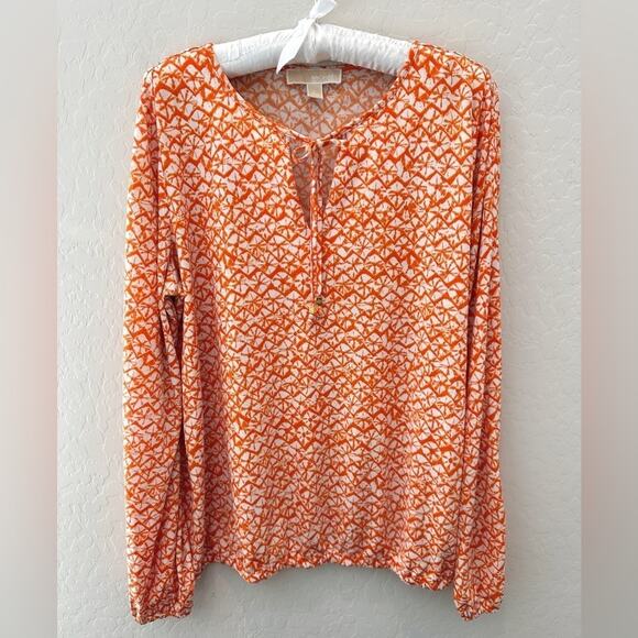 MICHAEL Michael Kors Tops - MICHAEL KORS | Shell Print Orange Stretch Knit Split Long Sleeve Blouse | Large